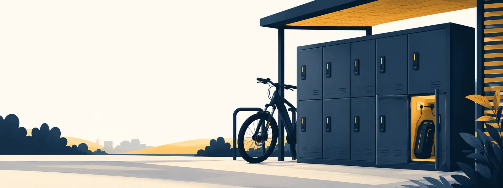 Illustratie van een rij afsluitbare laadlockers onder een overkapping, met een e-bike ernaast en in een geopend compartiment een fietsaccu die aan de lader ligt.